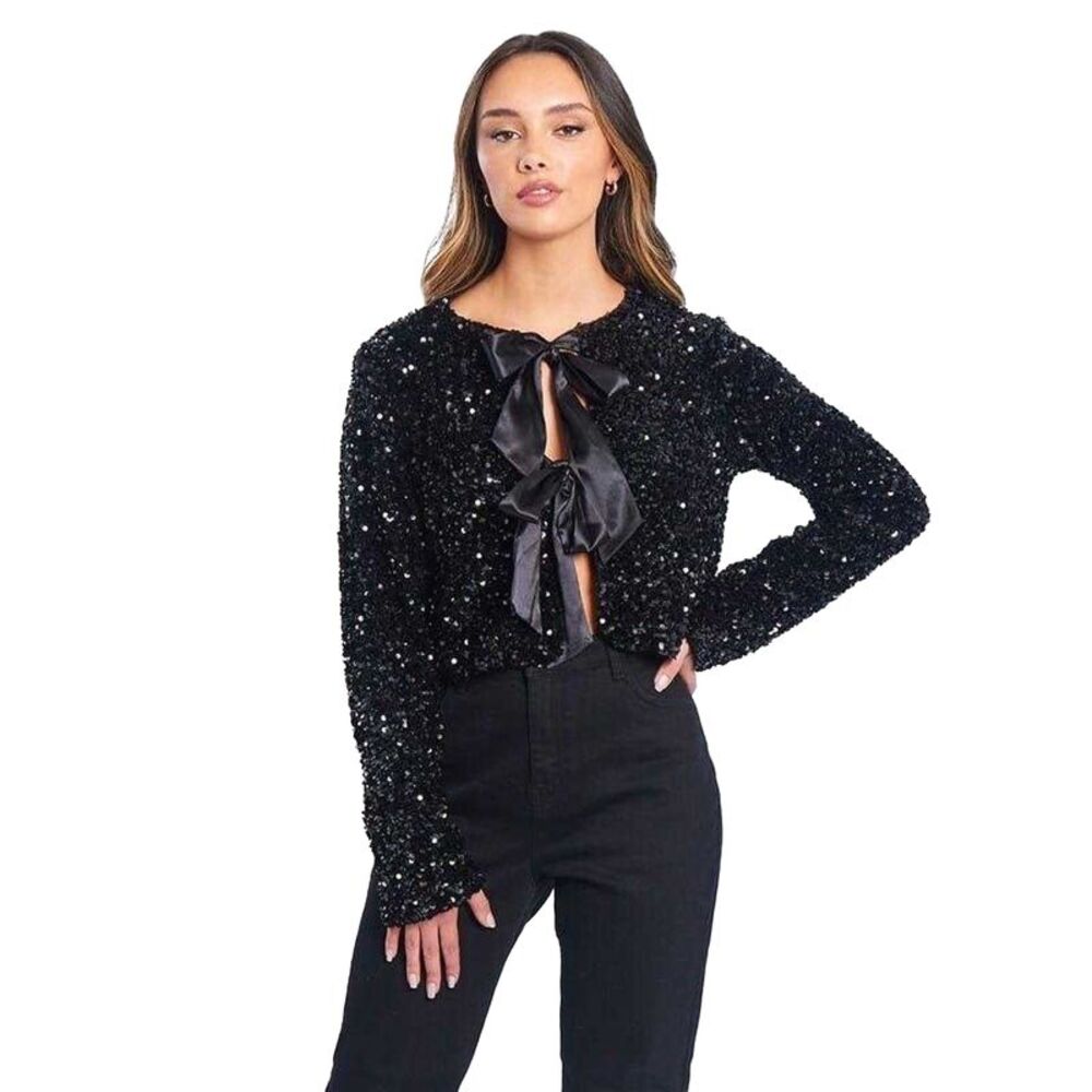 Be You Womens/Ladies Bow Sequin Relaxed Fit Long-Sleeved Blouse / Black
